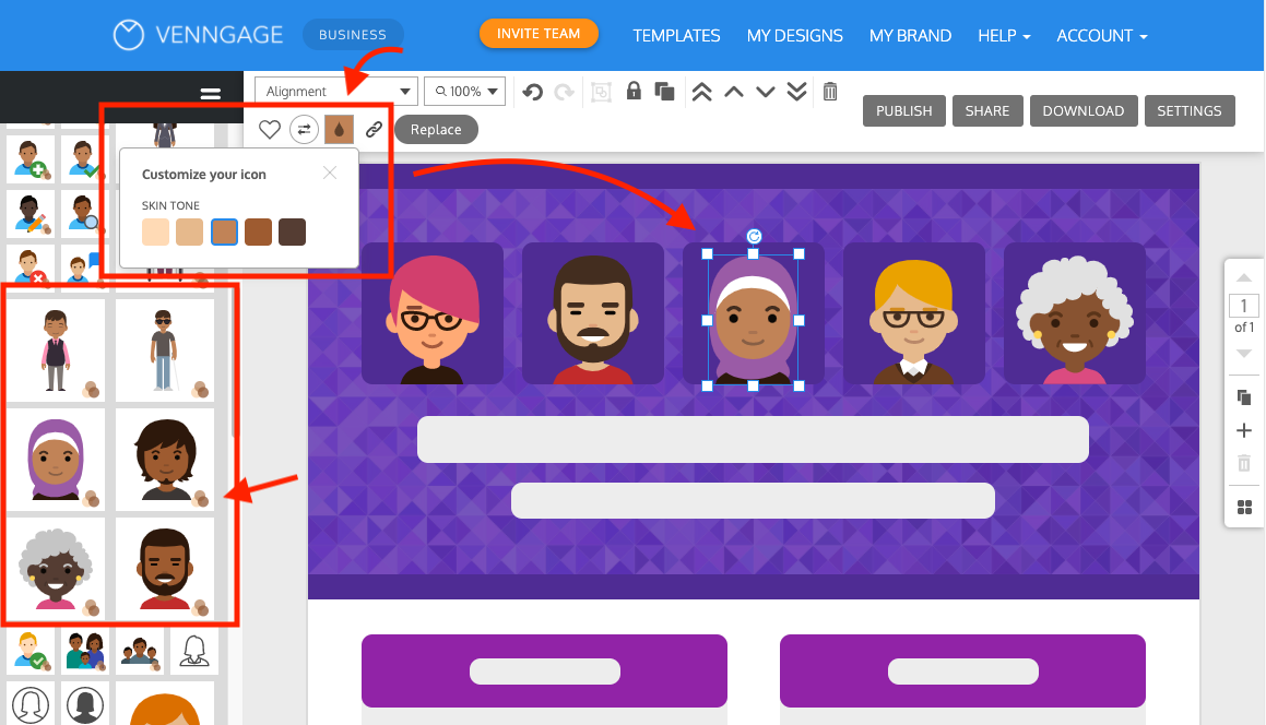 Piktochart vs Venngage Skin tone Selection Diverse Icons Example