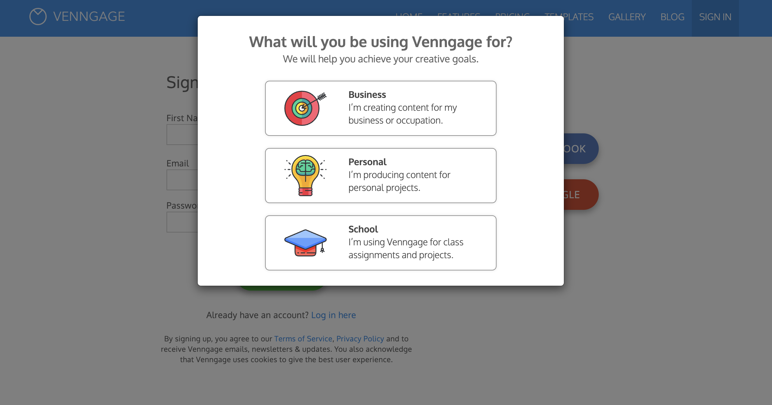 Piktochart vs Venngage getting started Venngage Onboarding - Organization Type